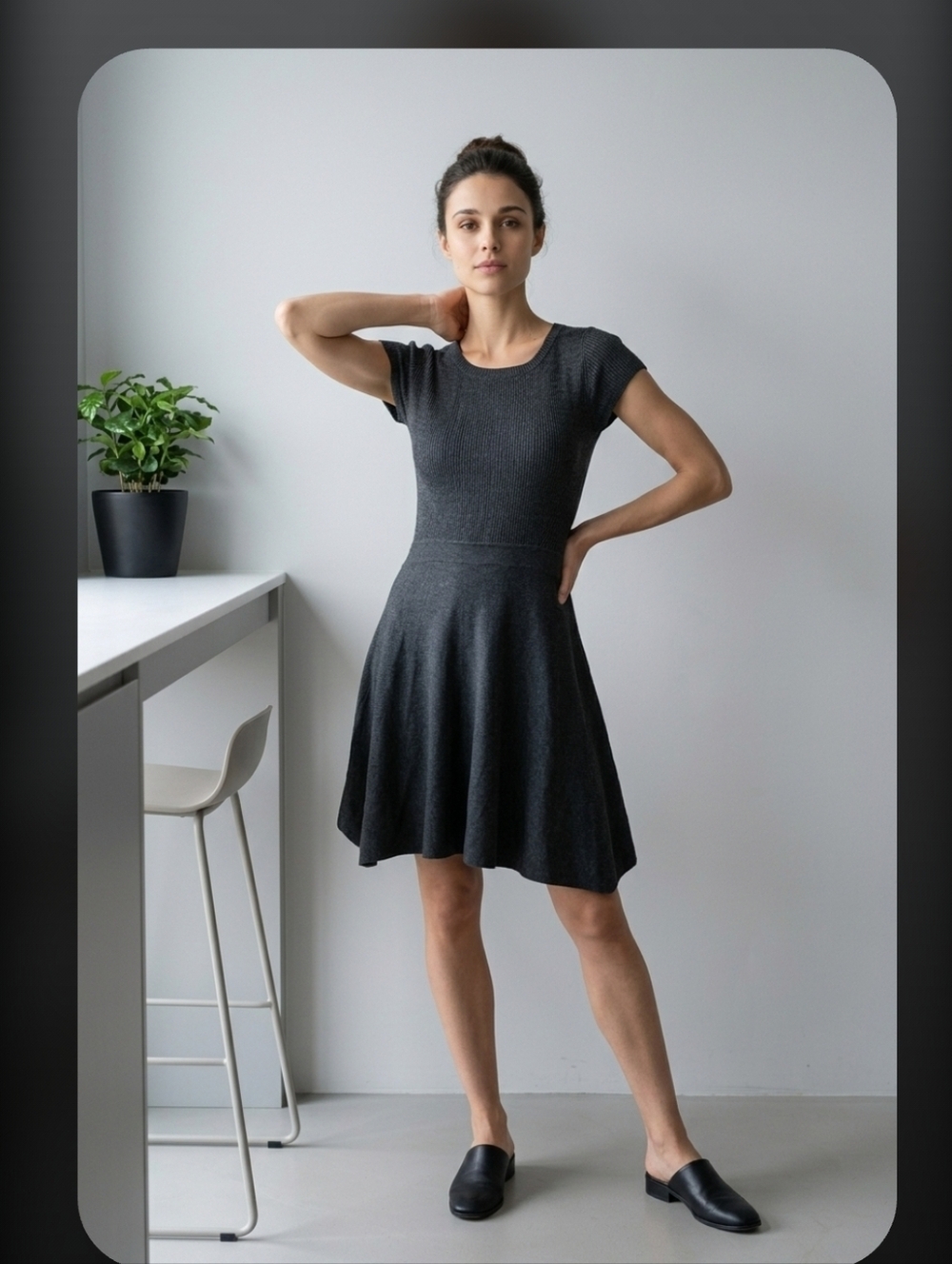 Dark Gray Knit Cap Sleeve Midi Dress By Mossino